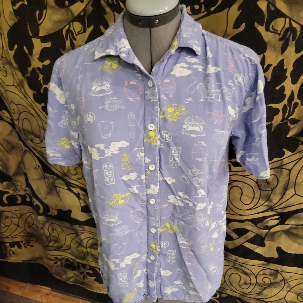 Spirited away purple button up character short sleeve shirt size small